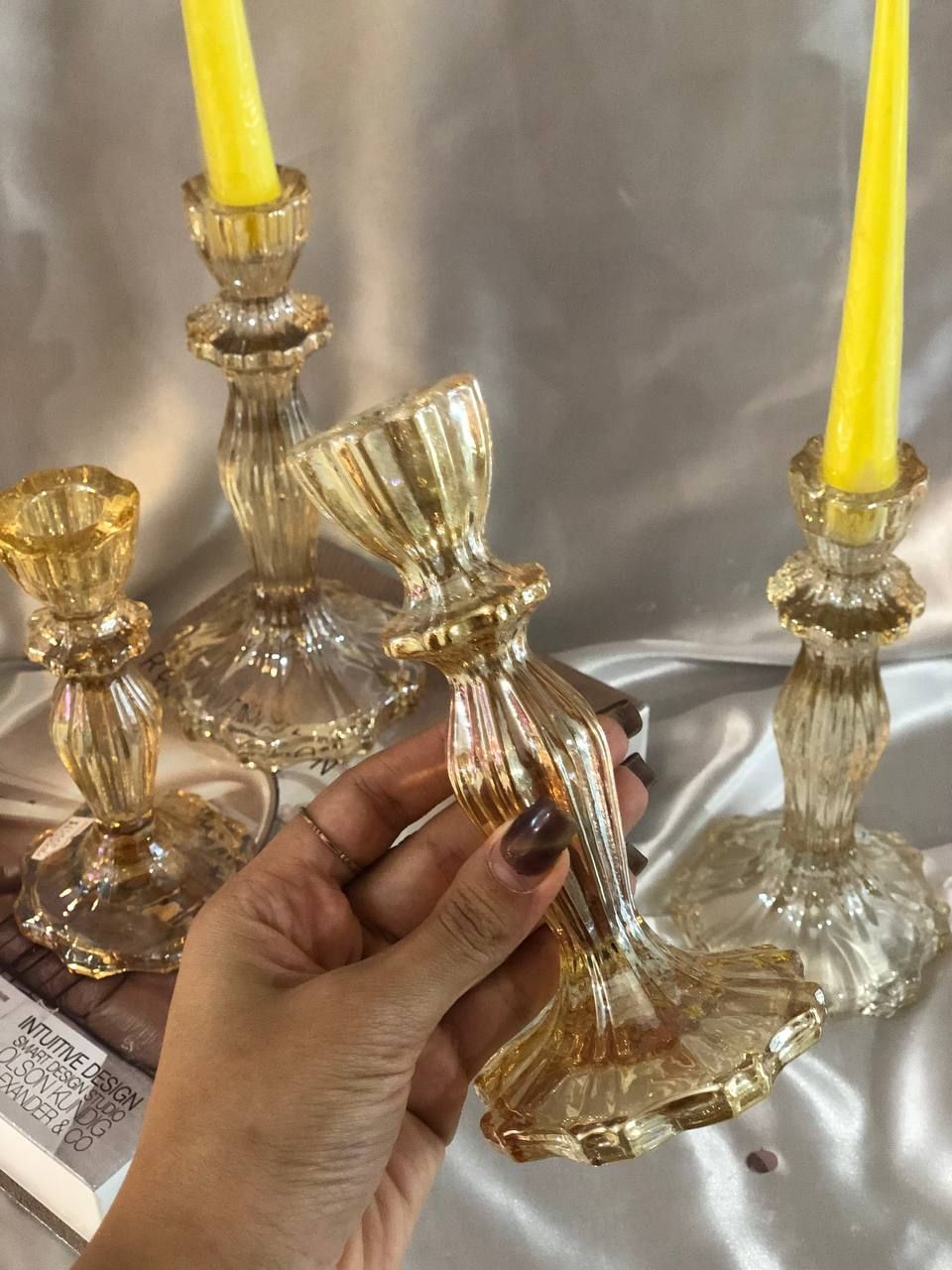جا شمعی شیشه ای وارداتی رنگ شامپاینی جفت سایزبزرگ و متوسط